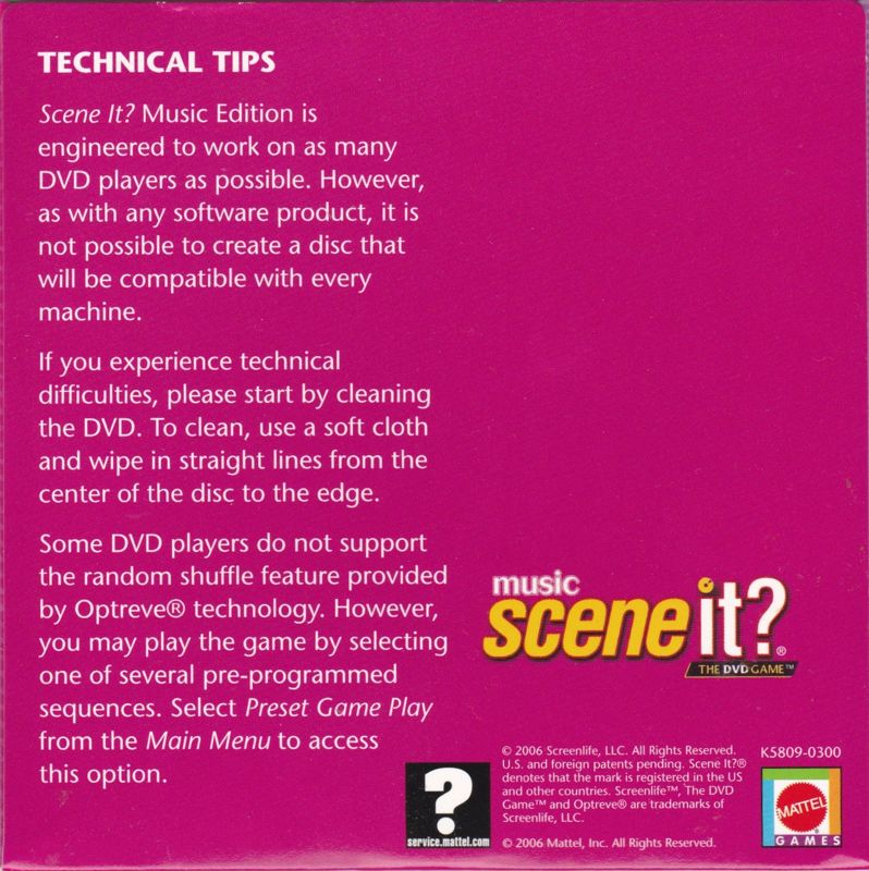 Inside Cover for Scene It?: Music (DVD Player): Card Slipcase: Back
