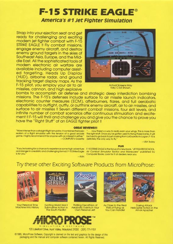 Back Cover for F-15 Strike Eagle (Commodore 64)