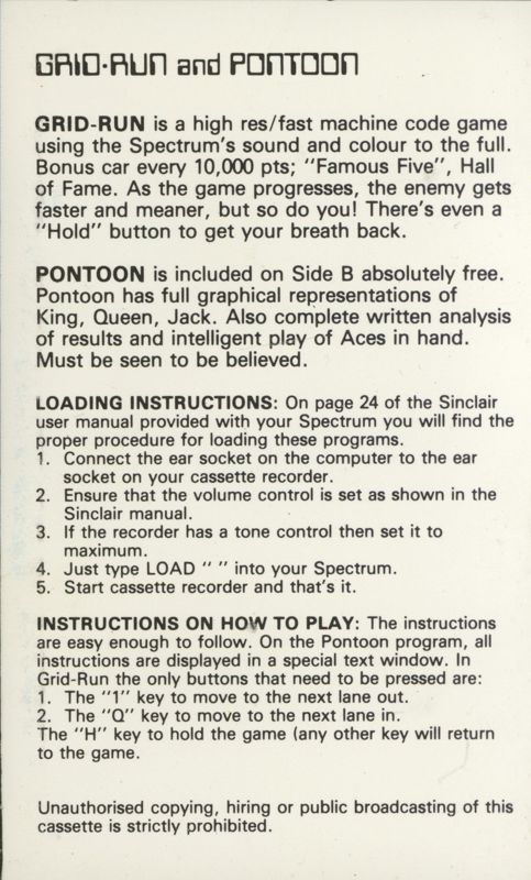 Inside Cover for Grid Run and Pontoon (ZX Spectrum)