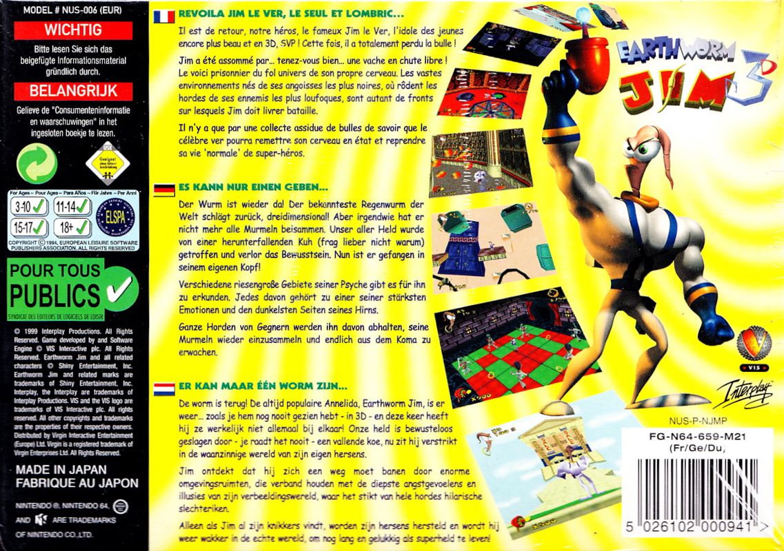 Back Cover for Earthworm Jim 3D (Nintendo 64)