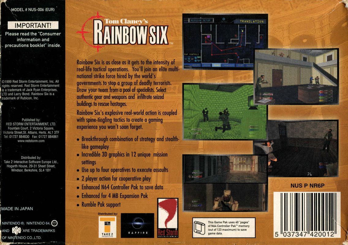Back Cover for Tom Clancy's Rainbow Six (Nintendo 64)
