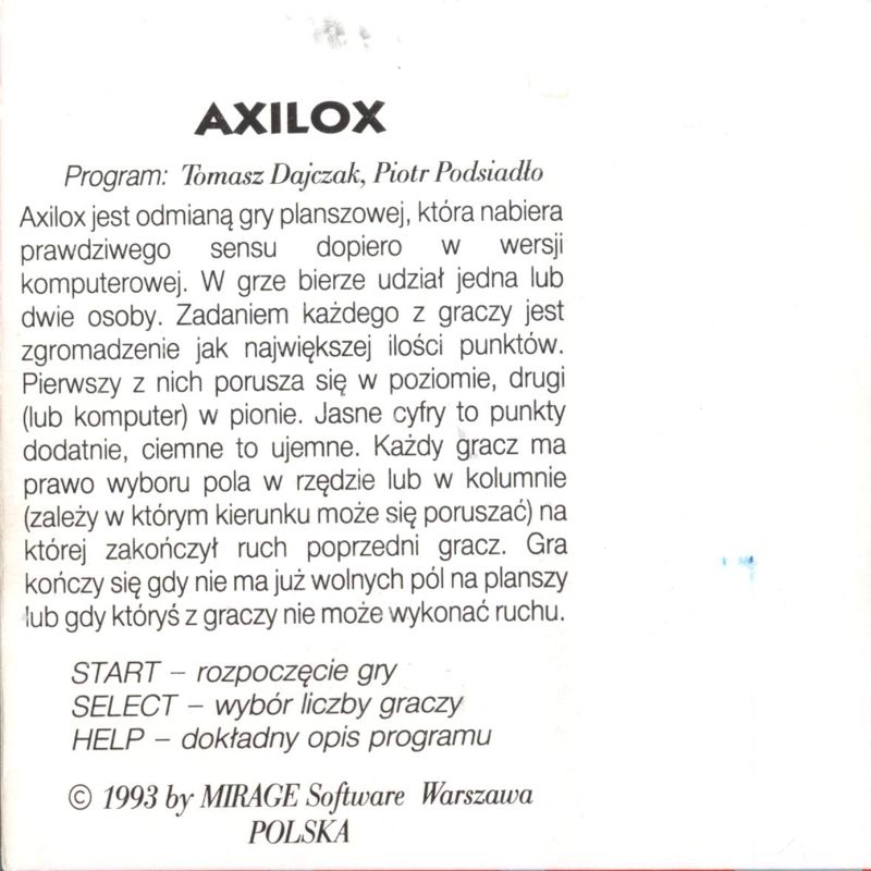 Inside Cover for Axilox (Atari 8-bit)