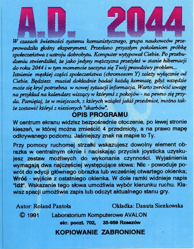 Extras for A.D. 2044: Seksmisja (Atari 8-bit) (5.25" disk release - alternate): Leaflet