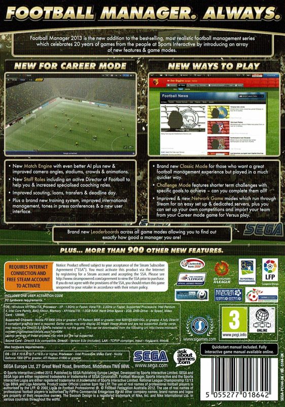 Back Cover for Football Manager 2013 (Macintosh and Windows)