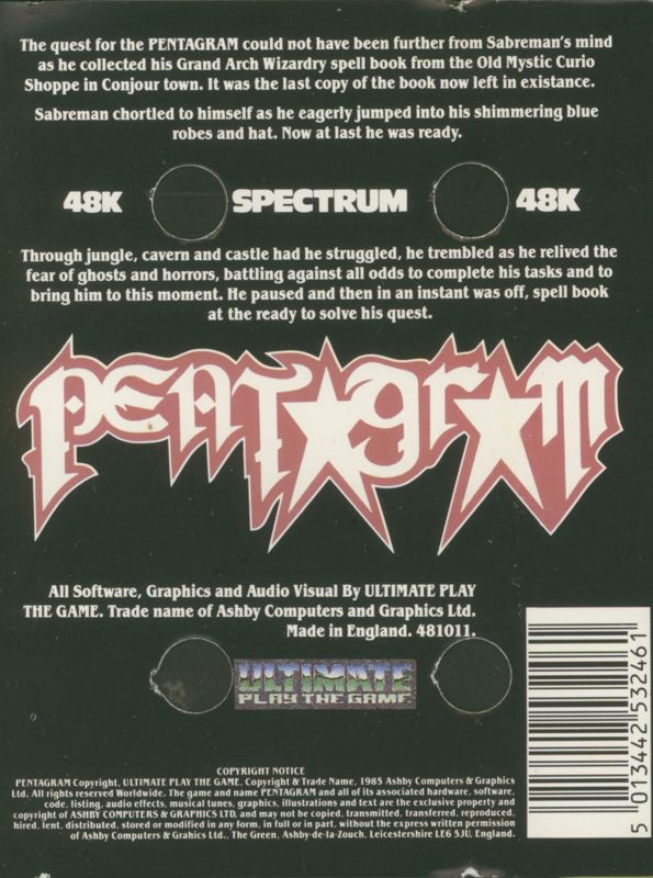 Back Cover for Pentagram (ZX Spectrum)