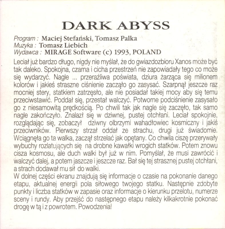 Inside Cover for Dark Abyss (Atari 8-bit)