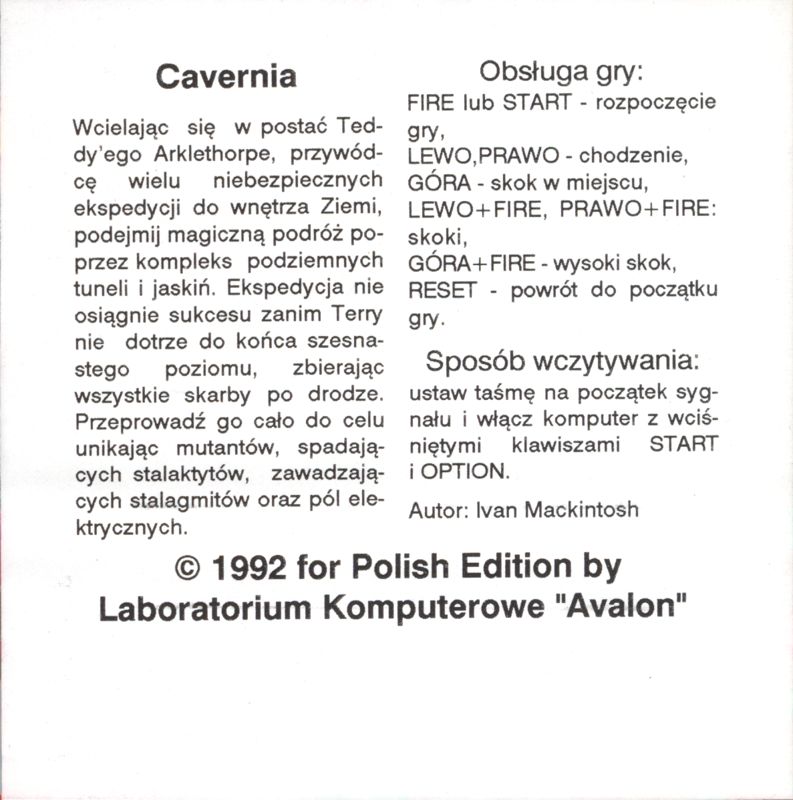 Inside Cover for Cavernia (Atari 8-bit)