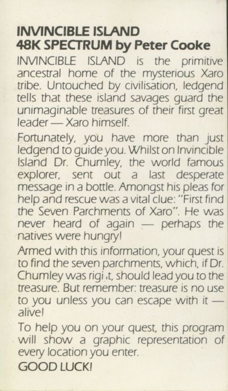 Inside Cover for Invincible Island (ZX Spectrum)