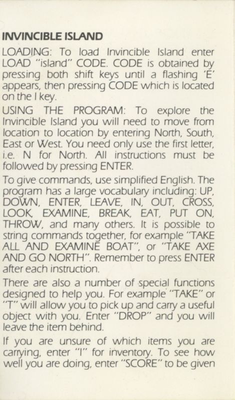 Inside Cover for Invincible Island (ZX Spectrum)