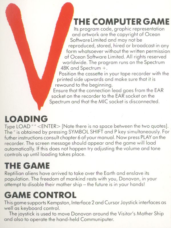 Inside Cover for V (ZX Spectrum)