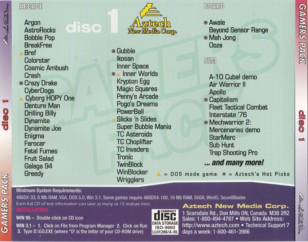 Other for Gamers Pack (Windows and Windows 16-bit): Disc 1 Jewel Case: Back