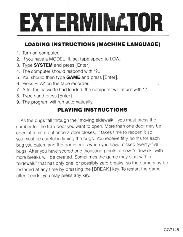 Manual for Exterminator (TRS-80): Front