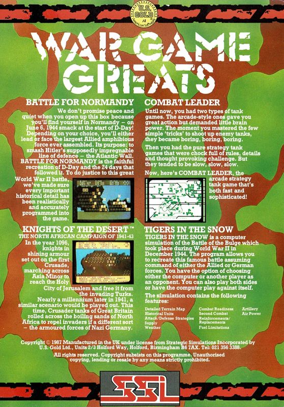 Back Cover for War Game Greats (Commodore 64)