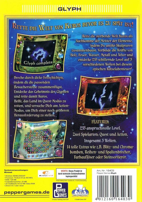 Back Cover for Glyph (Windows) (Pepper Games release)