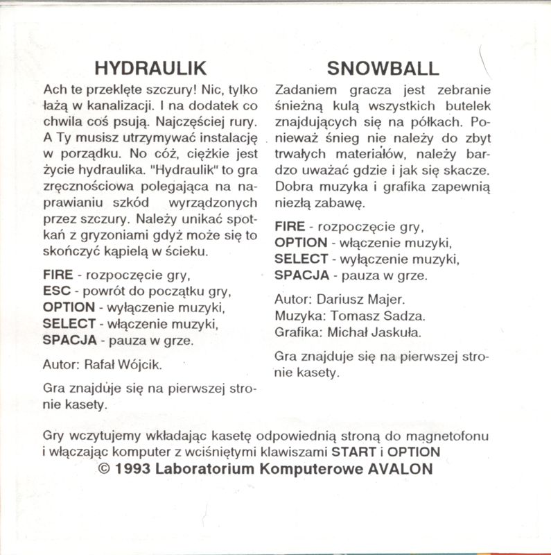 Inside Cover for Hydraulik / Snowball (Atari 8-bit)