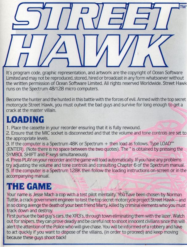 Inside Cover for Street Hawk (ZX Spectrum): side A, I, next to front cover
