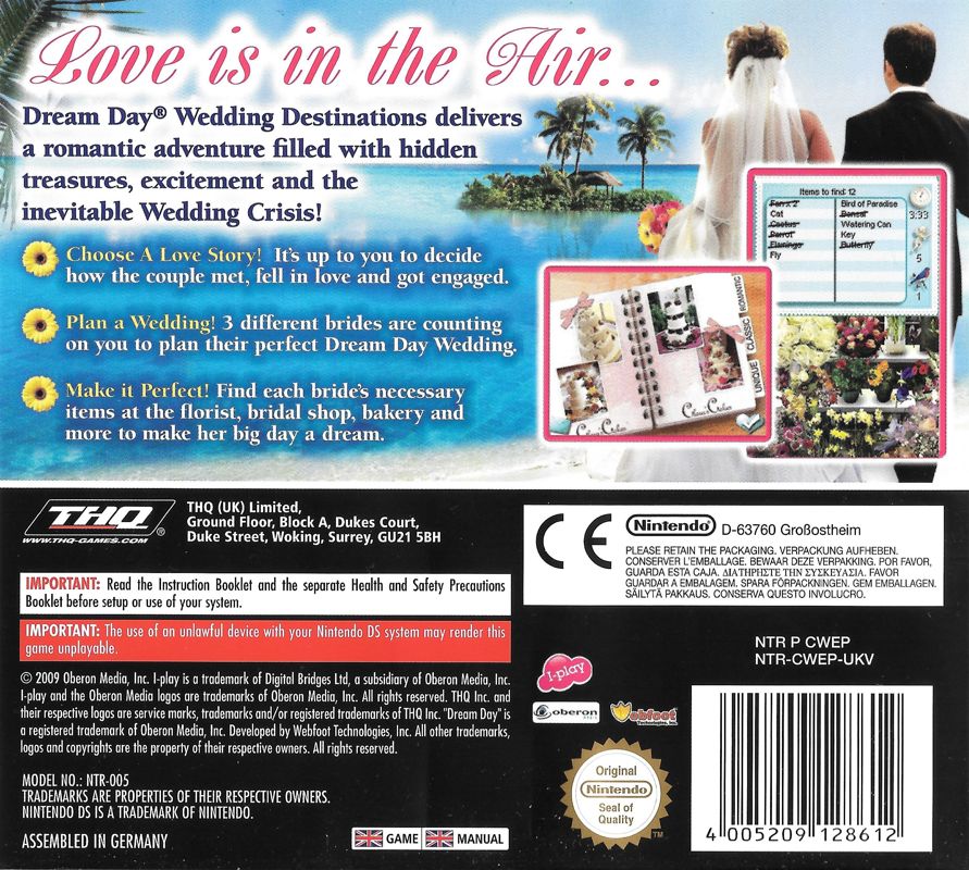 Back Cover for Dream Day Wedding Destinations (Nintendo DS)