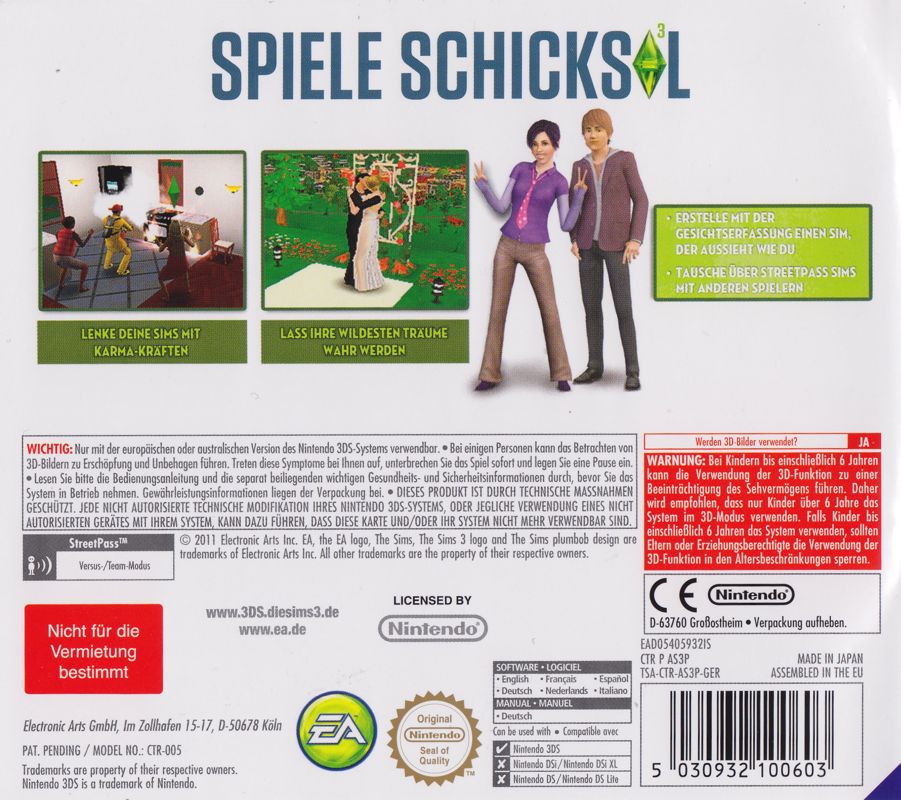 Back Cover for The Sims 3 (Nintendo 3DS)