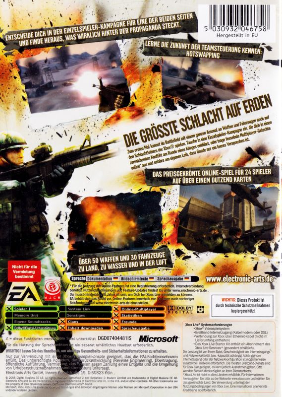 Back Cover for Battlefield 2: Modern Combat (Xbox)