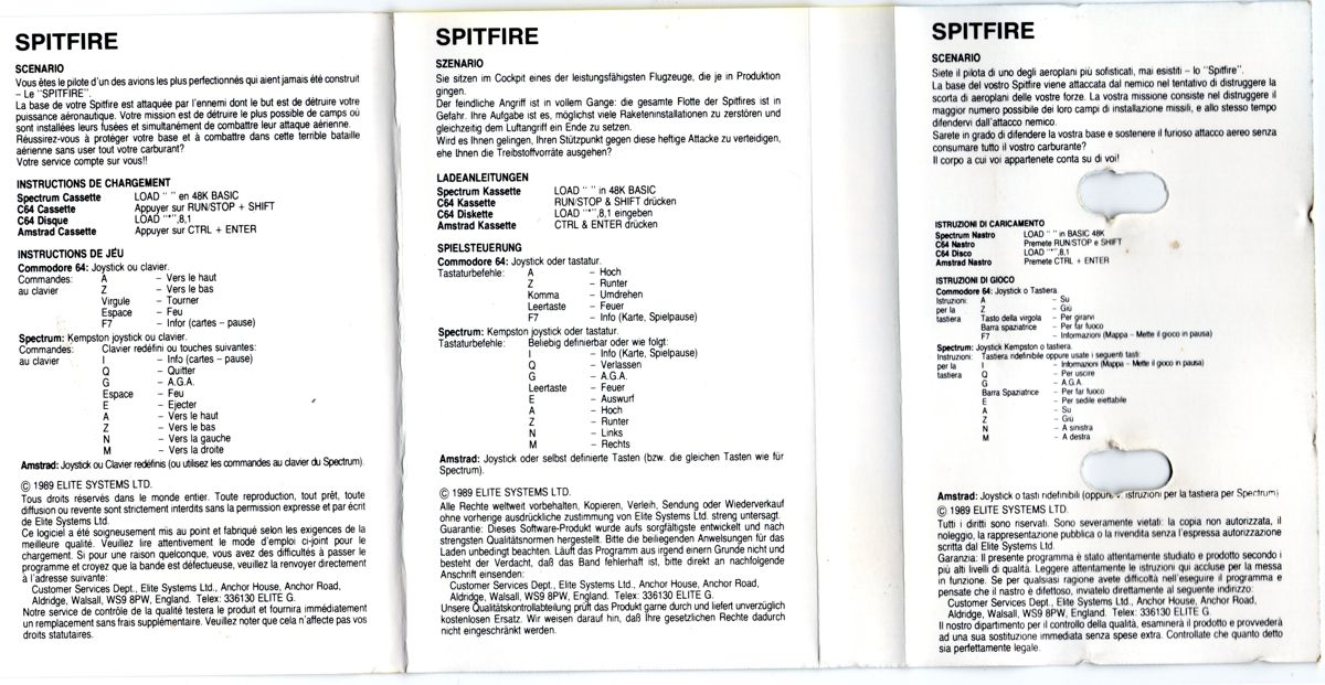 Inside Cover for Spitfire (ZX Spectrum): Unfolded