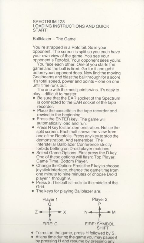 Inside Cover for Ballblazer (ZX Spectrum) (128K version)