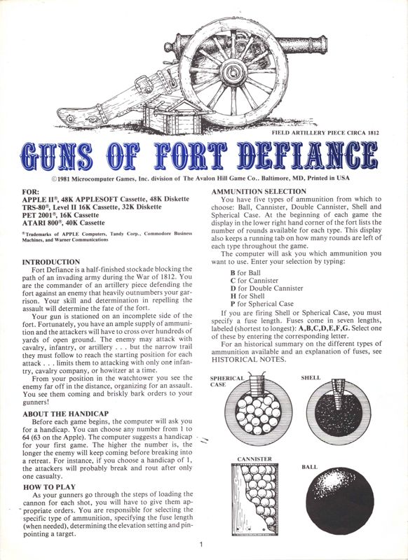 Manual for Guns of Fort Defiance (Atari 8-bit): Front