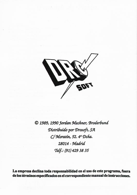 Manual for Prince of Persia (DOS): Back