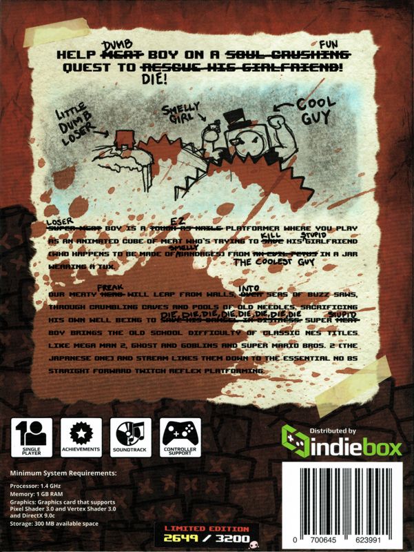 Back Cover for Super M̶e̶a̶t̶Dumb Boy (Limited Edition) (Linux and Macintosh and Windows)