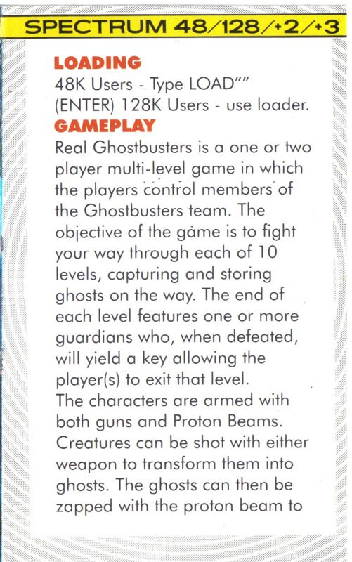 Inside Cover for The Real Ghostbusters (ZX Spectrum) (Hit Squad release)