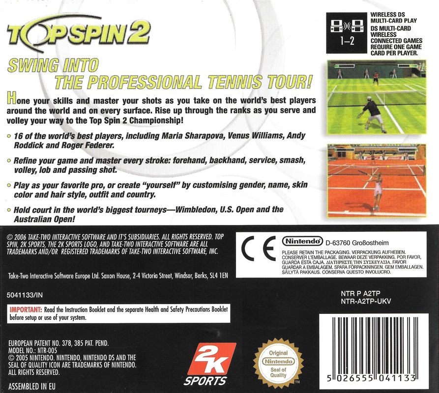 Back Cover for Top Spin 2 (Nintendo DS)