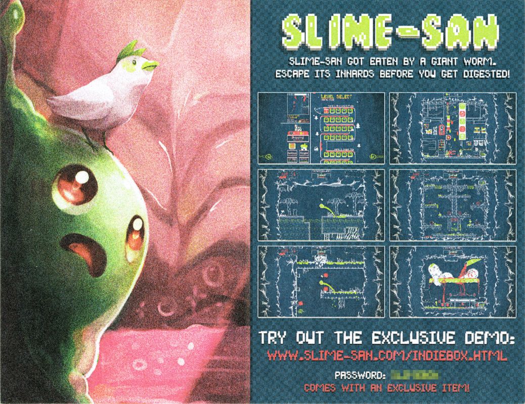 Advertisement for Super M̶e̶a̶t̶Dumb Boy (Limited Edition) (Linux and Macintosh and Windows): Slime-san advertisement - Back