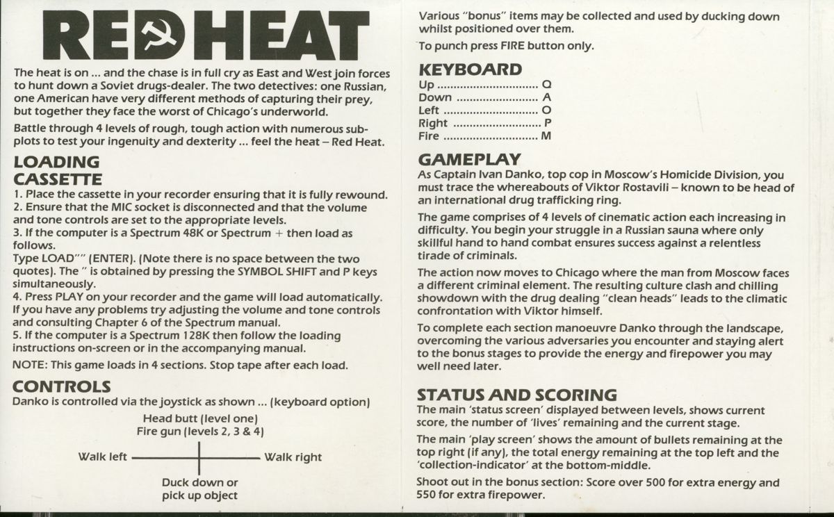 Inside Cover for Red Heat (ZX Spectrum)