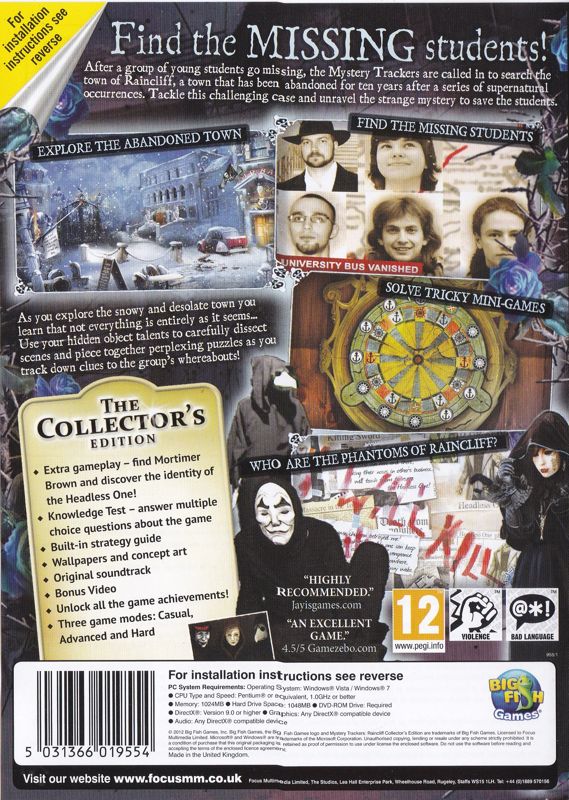 Back Cover for Mystery Trackers: Raincliff (Collector's Edition) (Windows) (Focus Multimedia release)
