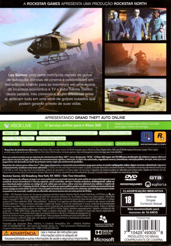 Back Cover for Grand Theft Auto V (Xbox 360)