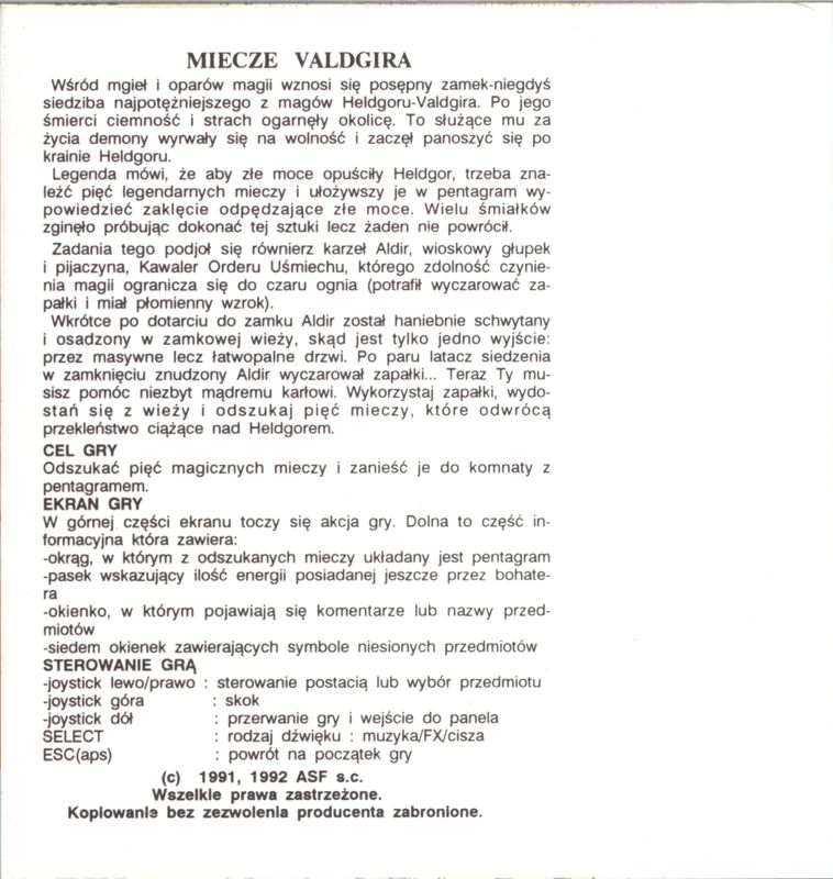 Inside Cover for Miecze Valdgira (Atari 8-bit)