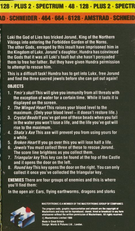 Inside Cover for Hundra (Amstrad CPC and ZX Spectrum) (Mastertronic release)