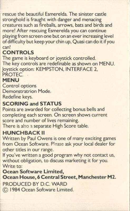 Inside Cover for Hunchback II: Quasimodo's Revenge (ZX Spectrum)