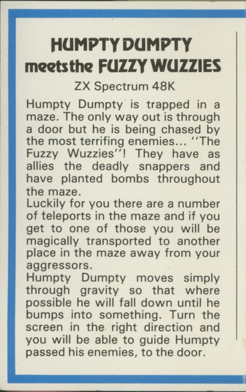 Inside Cover for Humpty Dumpty meets the Fuzzy Wuzzies (ZX Spectrum)