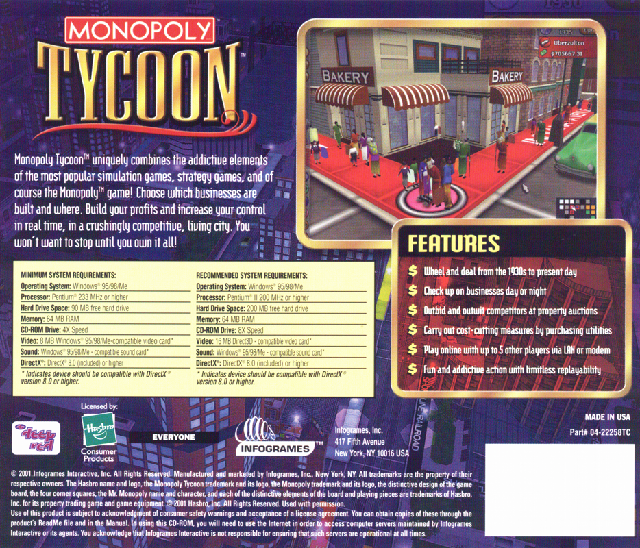 Other for Monopoly Tycoon (Windows): Jewel Case - Back