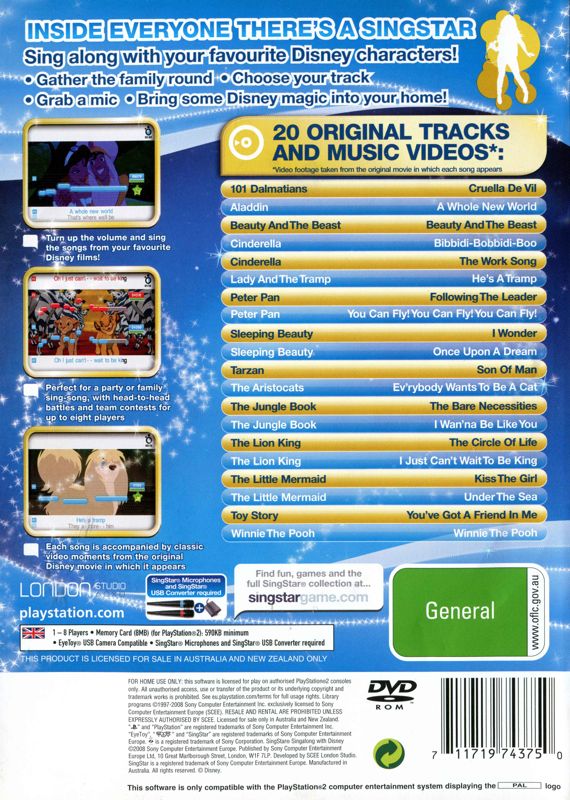 Back Cover for SingStar: Singalong with Disney (PlayStation 2)