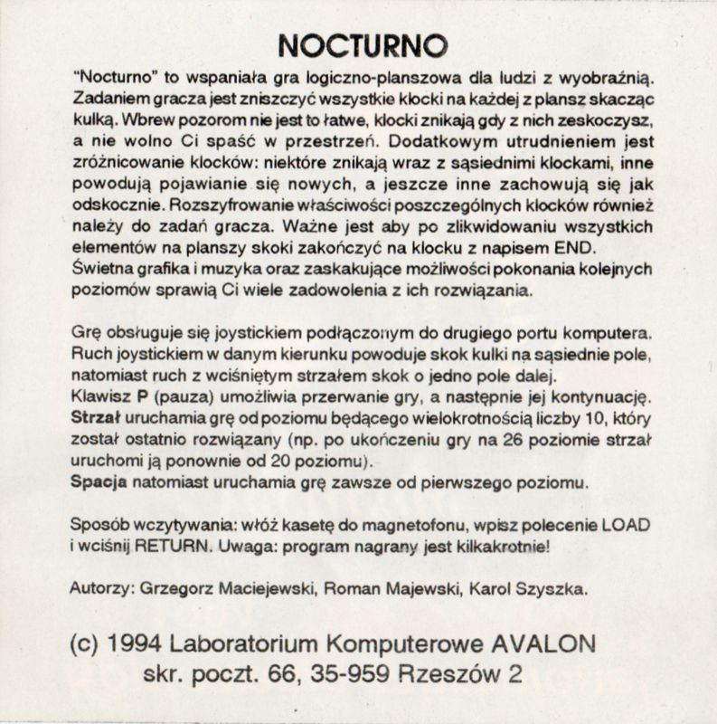 Inside Cover for Nocturno (Commodore 64)