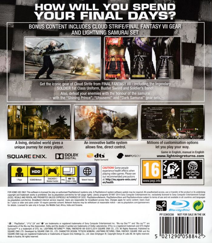 Back Cover for Lightning Returns: Final Fantasy XIII (Nordic Limited Edition) (PlayStation 3)