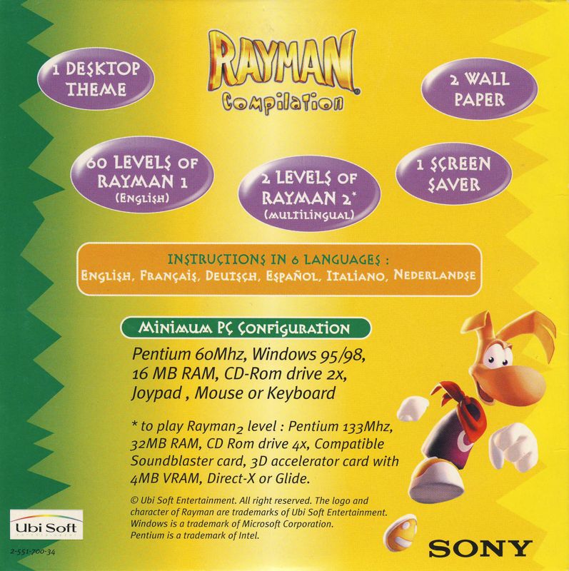 Back Cover for Rayman Compilation (Windows) (Bundled with a box of 10 Sony CD-Recordables)
