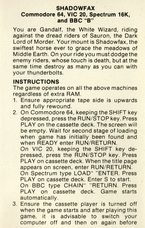 Inside Cover for Shadowfax (ZX Spectrum): side B (reverse ad side A, I)