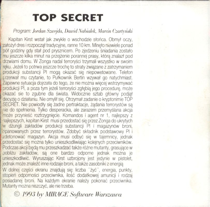 Inside Cover for Top Secret (Atari 8-bit)