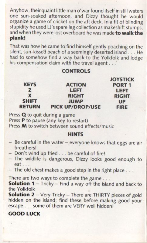 Inside Cover for Treasure Island Dizzy (Commodore 64)