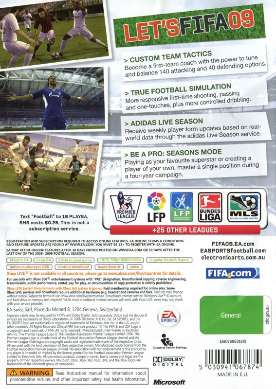 Back Cover for FIFA Soccer 09 (Xbox 360)