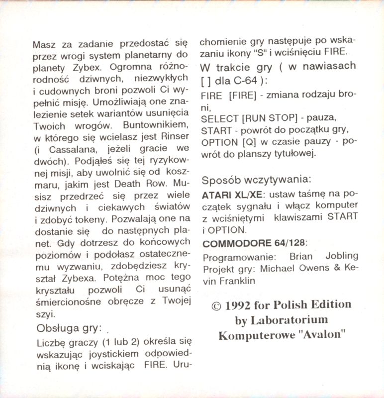 Inside Cover for Zybex (Atari 8-bit)