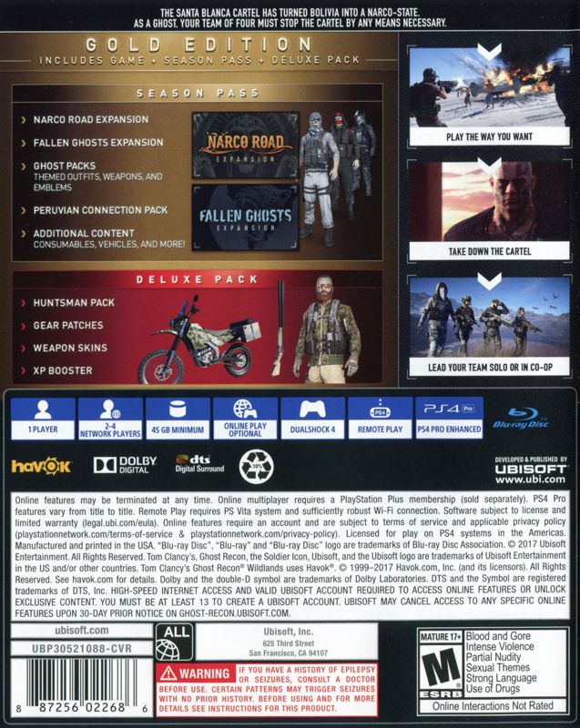 Back Cover for Tom Clancy's Ghost Recon: Wildlands (Gold Edition) (PlayStation 4)