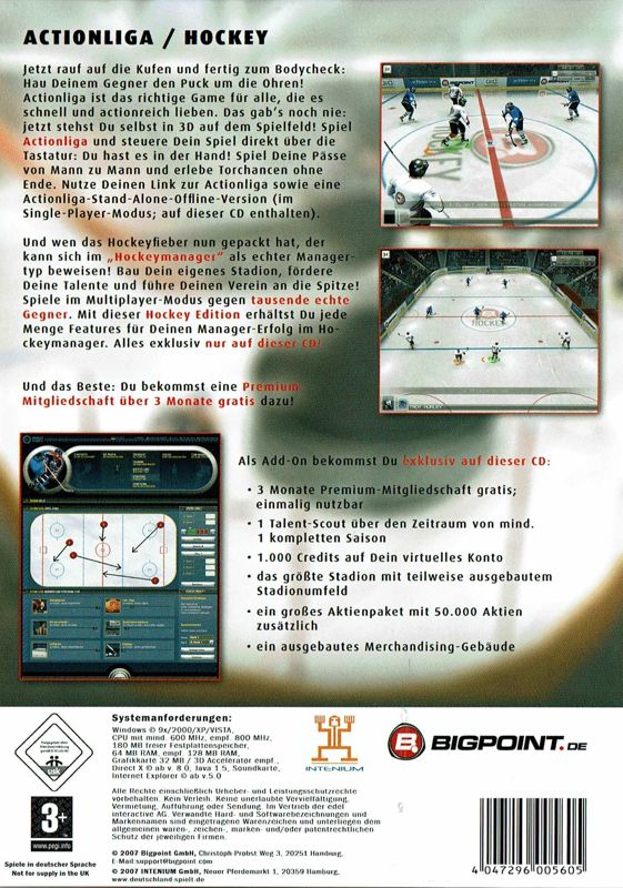 Back Cover for Actionliga Hockey (Windows)